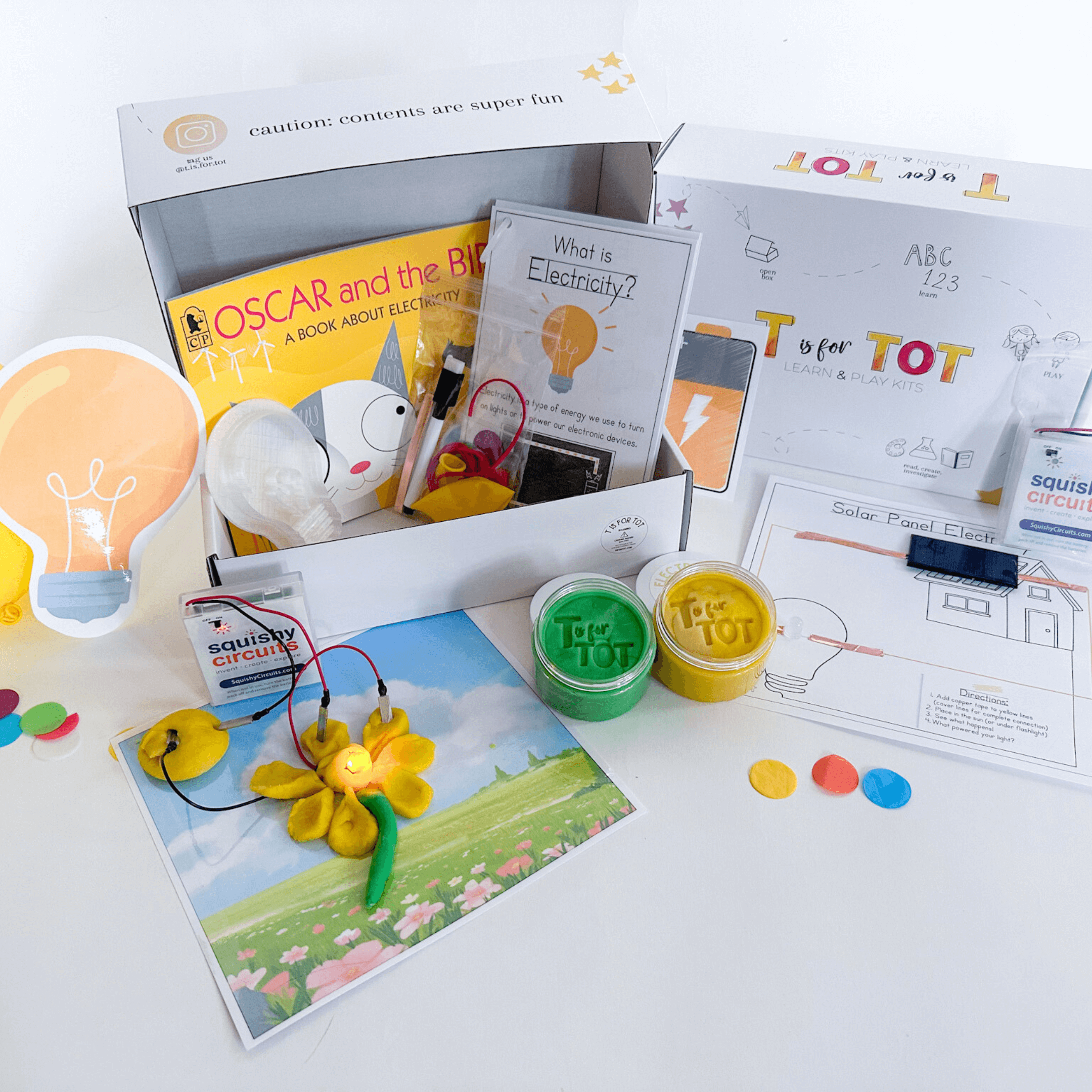 Electricity learning kit for kids with all the components for hands-on experiments. Includes Squishy Circuits battery pack and light with batteries, homemade playdough with lightbulb playdough cutter, and static and solar electricity experiments. Comes with 